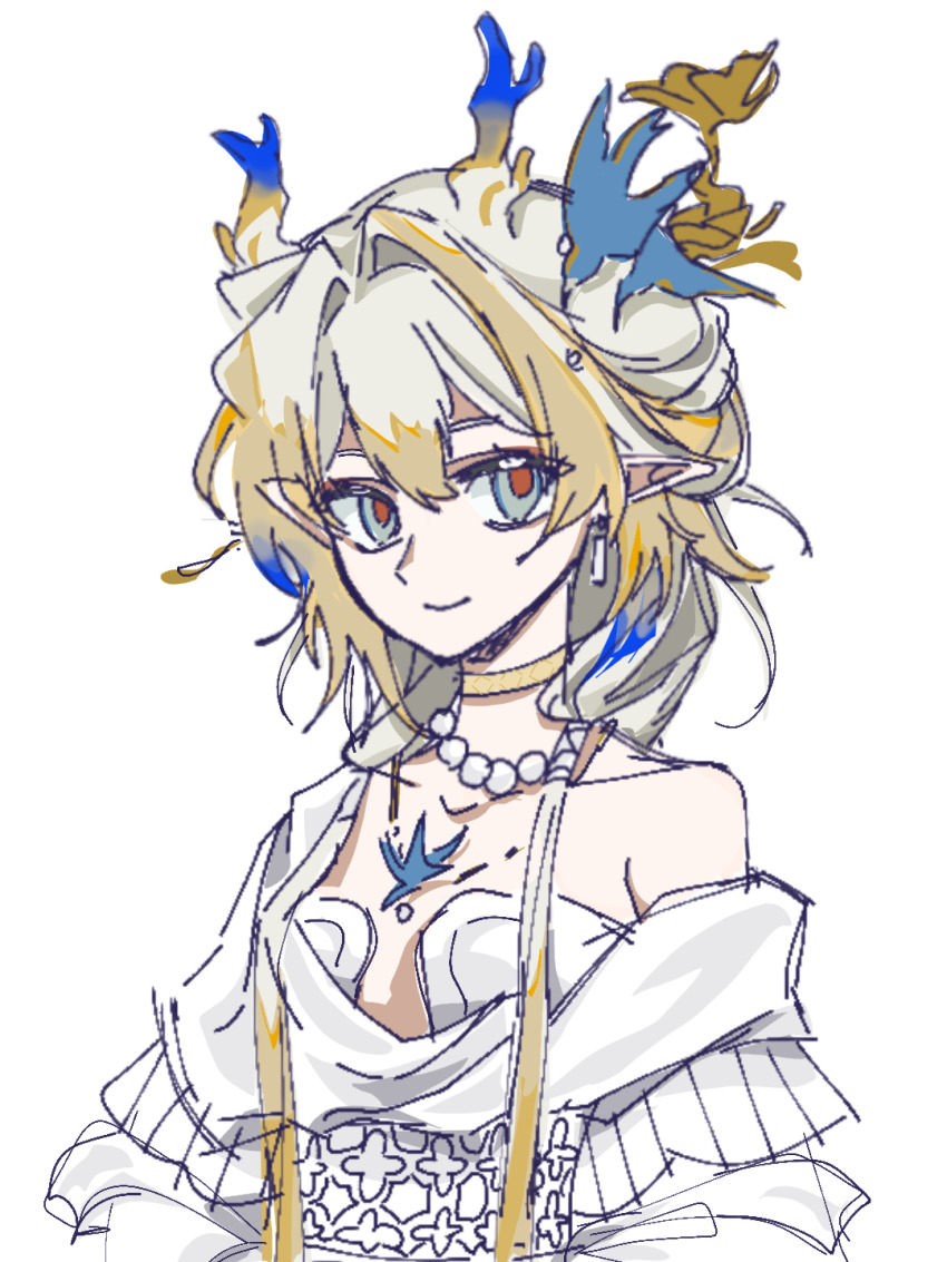 1girl ambience_synesthesia aqua_eyes arknights bare_shoulders blonde_hair blue_hair brown_pupils chinese_commentary choker closed_mouth commentary_request dragon_girl dragon_horns grey_hair hair_between_eyes highres horns jewelry long_hair looking_at_viewer luoyeye96303 multicolored_hair necklace off_shoulder official_alternate_costume pearl_necklace pointy_ears shu_(arknights) shu_(bingwenyuyou)_(arknights) simple_background sketch smile solo upper_body white_background yellow_choker