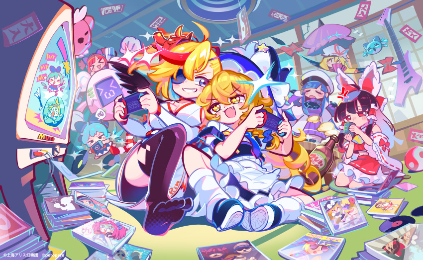 &gt;3&lt; +_+ 6+girls ^_^ absurdly_detailed_composition absurdres apron ascot bad_apple!! black_dress black_thighhighs black_wings blonde_hair blue_ascot blue_dress blue_eyes blue_hair bow braid breasts brown_hair buro_(muse_dash) buro_(sailor_suit)_(muse_dash) cd_case cheek-to-cheek cirno cleavage closed_eyes coat company_name controller copyright_notice crop_top cup detached_sleeves dress drinking eyepatch fang game_controller gap_(touhou) grin hair_bow hair_tubes hakurei_reimu hand_fan hat heads_together health_bar highres holding holding_controller holding_cup holding_fan holding_game_controller holding_umbrella indoors kirisame_marisa knees_apart_feet_together large_breasts loaded_interior long_hair looking_at_another marija_(muse_dash) marija_(violinist)_(muse_dash) mask mask_on_head moyazou_(kitaguni_moyashi_seizoujo) multicolored_hair multiple_girls muse_dash neon_palette nintendo_switch no_shoes official_art ola_(muse_dash) oni_mask open_mouth playing_games purple_dress purple_eyes purple_umbrella red_bow red_eyes red_hair red_skirt rin_(muse_dash) seiza short_sleeves shouji side_braid sitting skirt sliding_doors small_breasts smile sparkle streaked_hair swept_bangs talisman tamagotchi tamagotchi_(virtual_pet) tatami teacup television thighhighs touhou umbrella video_game vinyl_record virtual_pet_(toy) waist_apron white_apron white_coat white_dress white_sleeves wide_sleeves wings witch_hat yakumo_yukari yellow_ascot