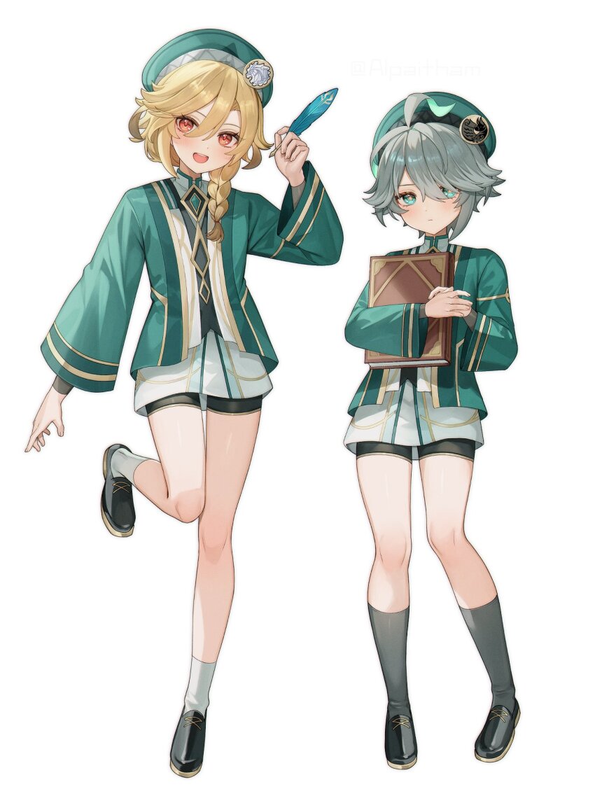 2boys aged_down ahoge alhaitham_(genshin_impact) alpaitham aqua_eyes beret black_footwear black_shorts blonde_hair book braid closed_mouth feathers full_body genshin_impact gold_trim green_hat green_shirt grey_hair grey_socks hair_between_eyes hat highres holding holding_book holding_feather kaveh_(genshin_impact) long_sleeves male_focus multicolored_hair multiple_boys open_mouth orange_eyes shirt short_hair shorts socks solo standing standing_on_one_leg upper_body white_socks