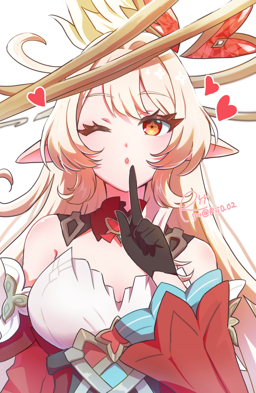 1girl absurdres alice_(genshin_impact) black_gloves blonde_hair breasts commentary_request cowlick detached_collar detached_sleeves elf feather_hair_ornament feathers finger_to_mouth gem genshin_impact gloves hair_ornament hand_up hat highres index_finger_raised jewelry long_hair medium_breasts multicolored_eyes one_eye_closed orange_eyes pointy_ears red_eyes rii_(rii0_02) two-tone_eyes upper_body wide_sleeves
