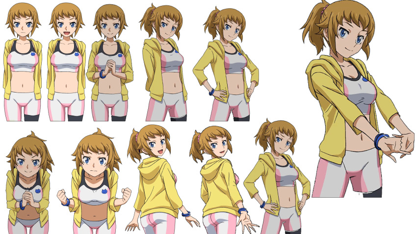 1girl arms_behind_back ass bike_shorts blue_eyes breasts brown_hair cleavage clenched_hands expressionless gundam gundam_build_fighters gundam_build_fighters_try gundam_extreme_vs._maxi_boost half-closed_eyes hands_on_own_hips highres hood hoodie hoshino_fumina large_breasts leaning_forward legs looking_at_viewer looking_back medium_hair midriff multiple_expressions multiple_views navel official_art open_clothes open_hoodie open_mouth own_hands_together ponytail smile solo sports_bra sprite surprised thighs tongue