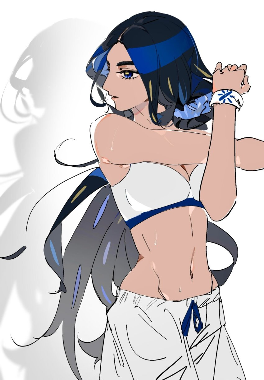 1girl alternate_costume black_hair blue_eyes commentary cowboy_shot english_commentary geeta_(pokemon) geetasdog hand_up highres long_hair looking_to_the_side navel nintendo open_mouth pants pokemon pokemon_sv solo sports_bra stretching sweat white_background white_sports_bra wristband