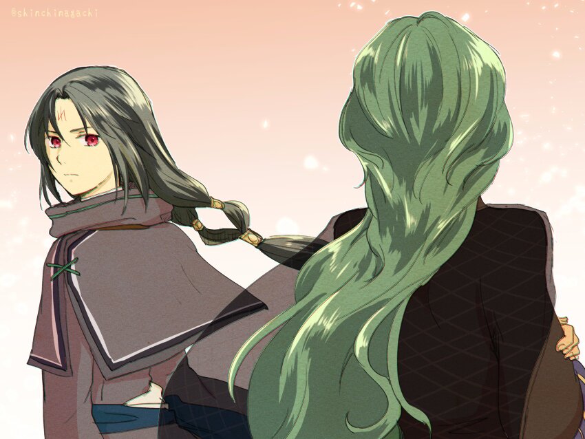 1boy 1girl almedha_(fire_emblem) black_hair fire_emblem fire_emblem:_radiant_dawn green_hair highres long_hair looking_at_another mother_and_son nintendo nishimura_(shinchinagachi) red_eyes soren_(fire_emblem) upper_body