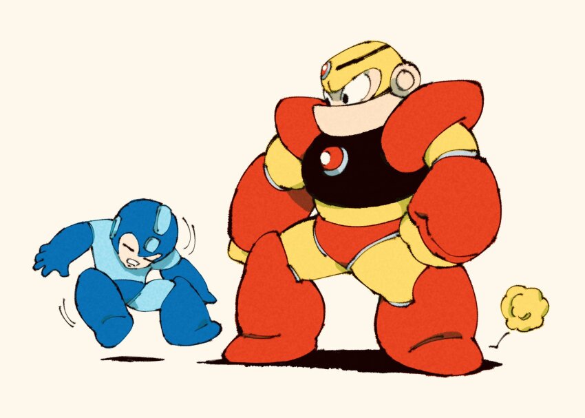 2boys black_eyes commentary_request guts_man hand_on_own_hip helmet highres male_focus mega_man_(character) mega_man_(classic) mega_man_(series) mega_man_1 multiple_boys nctn_patch simple_background