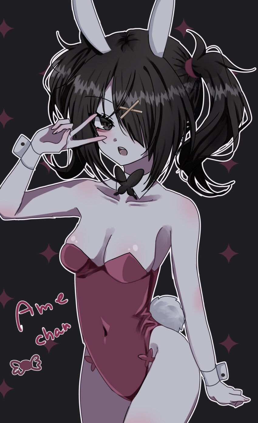 1girl :o aegyo_sal ame-chan_(needy_girl_overdose) ame-chan_(playboy_bunny)_(needy_girl_overdose) animal_ear_hairband animal_ears black_eyes black_hair breasts cleavage cowboy_shot english_text fake_animal_ears hair_ornament hair_over_one_eye hairband highres leotard looking_at_viewer needy_girl_overdose outline rabbit_ear_hairband rabbit_ears rabbit_tail red_leotard reno_(re_leno) short_twintails sidelocks sparkle tail teeth twintails upper_teeth_only v white_outline wrist_cuffs x_hair_ornament