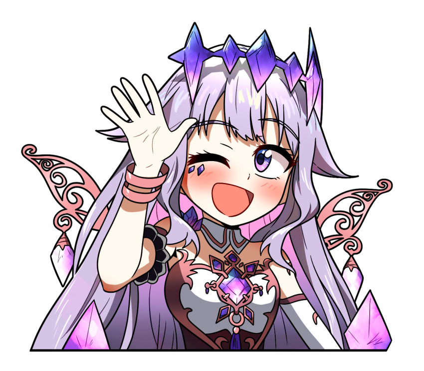 1girl blush bracelet crystal ddolbang detached_collar detached_sleeves dress grey_hair highres hololive hololive_english jewelry koseki_bijou koseki_bijou_(1st_costume) long_hair looking_at_viewer one_eye_closed open_mouth purple_eyes purple_headwear single_detached_sleeve sleeveless sleeveless_dress solo tiara virtual_youtuber waving
