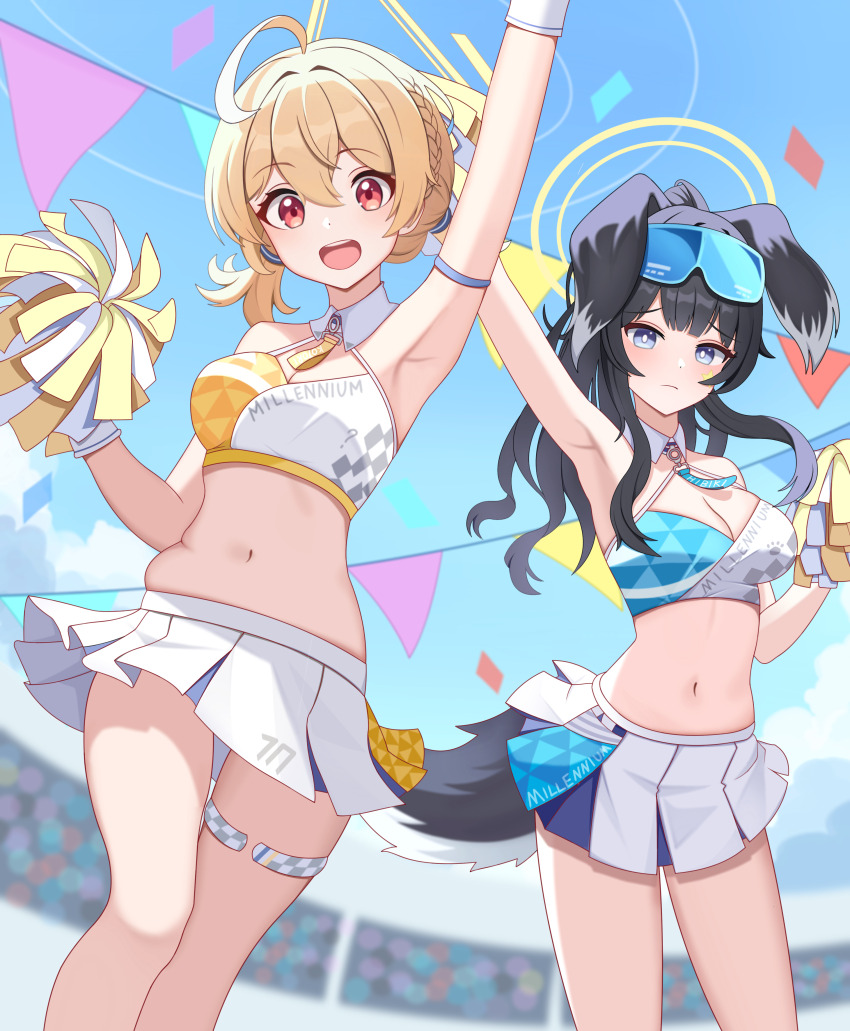 2girls absurdres animal_ears bare_shoulders black_hair blue_archive blue_eyes blush breasts cheerleader dog_ears dog_girl dog_tail eyewear_on_head goggles goggles_on_head halo hibiki_(blue_archive) hibiki_(cheer_squad)_(blue_archive) highres holding kenomotsu_yukuwa kotori_(blue_archive) kotori_(cheer_squad)_(blue_archive) long_hair looking_at_viewer millennium_cheerleader_outfit_(blue_archive) multiple_girls navel official_alternate_costume pom_pom_(cheerleading) skirt solo tail