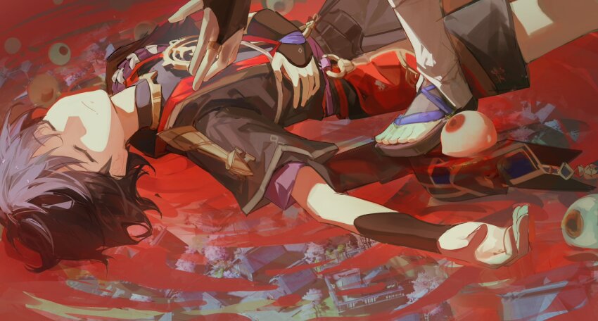 2boys black_bodysuit black_footwear black_hair black_kimono black_shorts black_sleeves bodysuit boy_on_top bridal_gauntlets closed_eyes closed_mouth different_reflection dterl dual_persona eyeball from_above genshin_impact gold gold_ring han&#039;eri hand_on_own_stomach highres inazuma_city japanese_clothes jewelry kimono layered_clothes layered_kimono layered_sleeves leg_warmers lying mandarin_collar middle_ring multiple_boys neck_ring o-ring on_back on_liquid open_clothes open_hand open_kimono out_of_frame outstretched_arm purple_rope purple_sleeves reaching reaching_towards_another red_kimono red_pupils red_water reflection ripples rope sandals scaramouche_(genshin_impact) shimenawa short_sleeves shorts toes unconscious wanderer_(genshin_impact) white_leg_warmers white_rope white_trim zouri