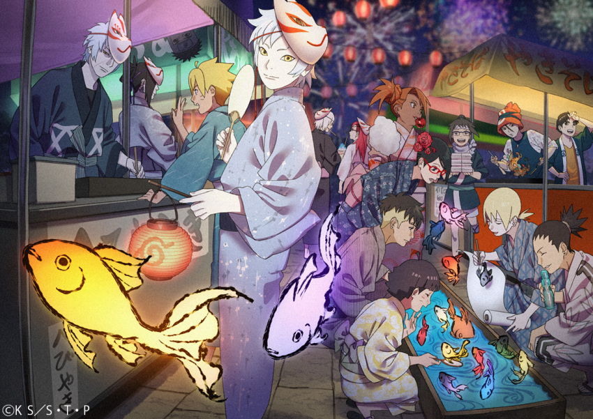 5girls 6+boys akimichi_chouchou alternate_costume black_hair blonde_hair blue_hair boruto:_naruto_next_generations bowl_cut brown_hair cotton_candy dark-skinned_female dark_skin family festival fireworks fish flower flower_on_head food glasses hair_ornament hair_tied_up hand_fan happy holding holding_fan holding_food holding_lantern holding_scroll hoozuki_suigetsu japanese_clothes kaminarimon_denki karin_(naruto) kawaki_(boruto) kimono lantern log_(naruto) looking_at_another looking_at_viewer mask mask_on_head metal_lee mitsuki_(naruto) mouth_hold multiple_boys multiple_girls nara_shikadai naruto_(series) official_art orange_hair orochimaru_(naruto) painting_(action) red-framed_eyewear red_hair scroll shaved_ice spiked_hair spying stalk_in_mouth thick_eyebrows uchiha_sarada uzumaki_boruto uzumaki_himawari white_hair yamanaka_inojin yamato_(naruto) yellow_eyes yuino_iwabee