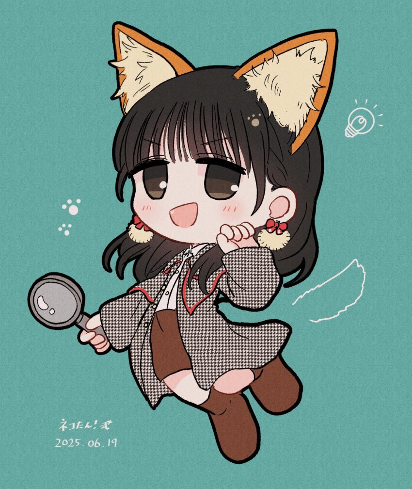 1girl :d actor_connection animal_ears animification aqua_background black_coat black_hair blunt_bangs boots bow bow_earrings brown_boots brown_eyes brown_skirt cat_ears coat collared_shirt commentary_request cosplay drawn_tail dress_shirt earrings fang full_body highres holding holding_magnifying_glass houndstooth jewelry light_bulb long_sleeves magnifying_glass mayoiji_somari mayoiji_somari_(cosplay) medium_skirt neko-tan! open_clothes open_coat open_mouth paw_print real_life shirt sidelocks simple_background skirt smile solo tsukine_kona watage_modoki white_shirt