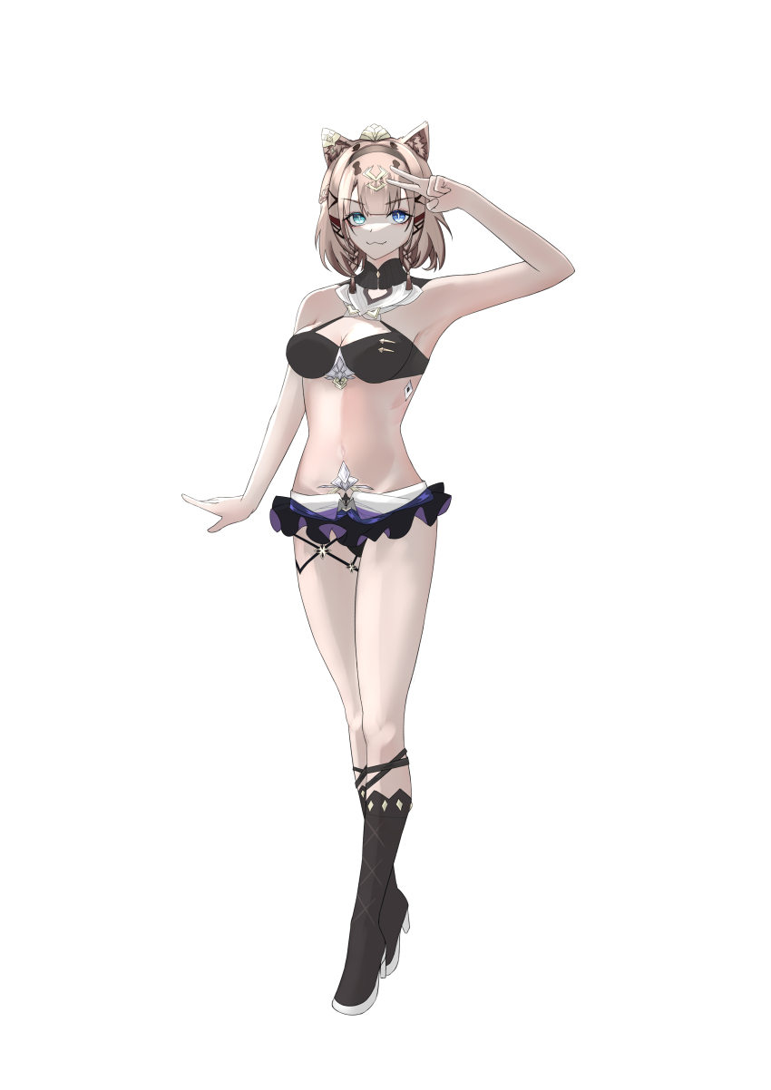 1girl :3 absurdres animal_ears armpits bikini bikini_top_only black_bikini black_boots black_hairband black_shorts blue_eyes boots breasts brown_hair cat_ears cat_girl commentary_request frilled_shorts frills full_body green_eyes hairband heterochromia highres honkai_(series) honkai_impact_3rd katal looking_at_viewer medium_breasts navel no_tail pardofelis pardofelis_(reverist_calico) short_hair shorts simple_background solo stomach swimsuit white_background