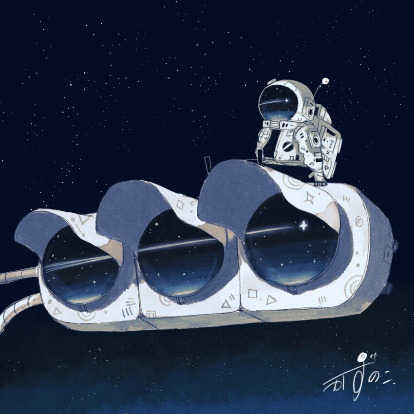 1other artist_name astronaut backpack bag commentary full_body gloves helmet highres kazunoko_(kazunoko_zunoco) mini_person night night_sky original other_focus radio_antenna reflection shooting_star signature sitting sky solo space_helmet spacesuit star_(sky) starry_sky traffic_light white_gloves