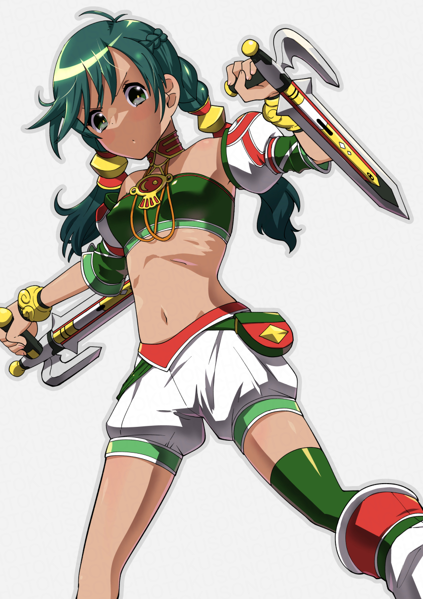 1girl absurdres bare_shoulders bladed_tonfa braid breasts closed_mouth dark-skinned_female dark_skin highres holding holding_weapon jewelry long_hair looking_at_viewer midriff navel ribs shorts simple_background skinny solo soul_calibur talim toku_sonchou tonfa twin_braids twintails weapon white_background