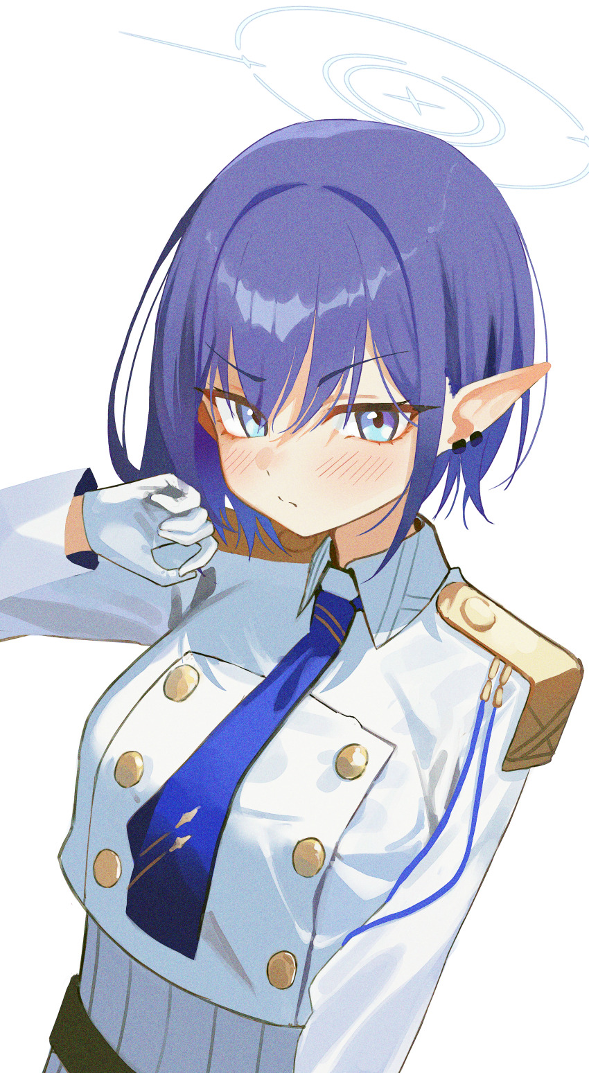 1girl absurdres alpha_beast aoi_(blue_archive) blue_archive blue_eyes blue_halo blue_sky gloves halo highres jacket long_sleeves looking_at_viewer pleated_skirt pointy_ears ringed_eyes short_hair skirt sky upper_body white_background white_gloves white_jacket white_skirt zero_one_driver
