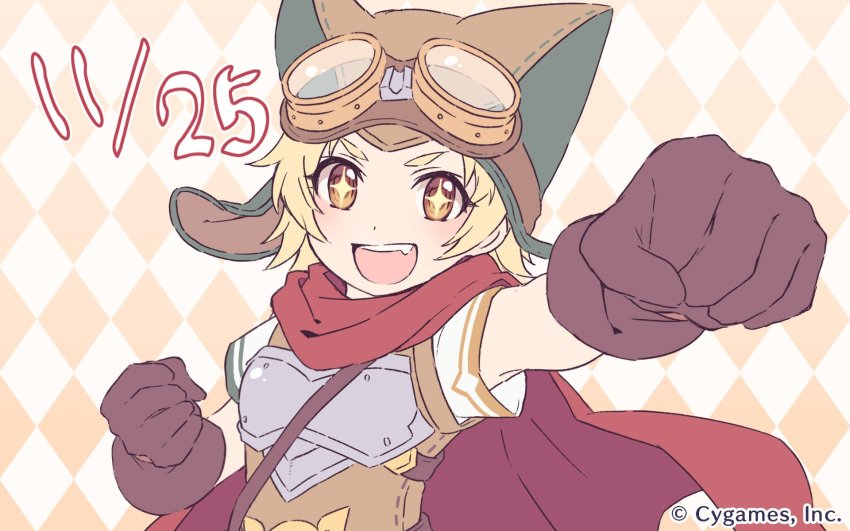 1girl armor blonde_hair breastplate cape copyright_notice cygames female_focus gloves glowing glowing_eyes highres matsuri_(princess_connect!) official_art orange_eyes princess_connect! short_hair solo symbol-shaped_pupils