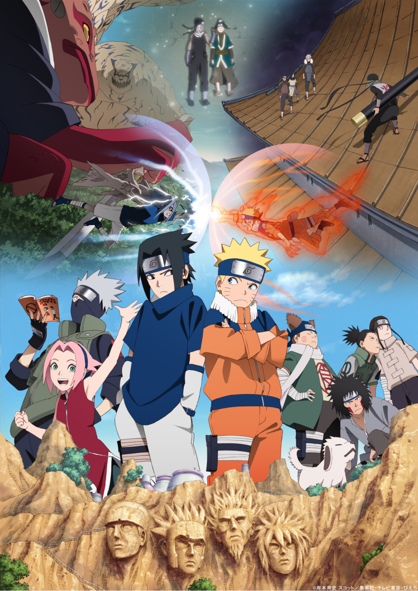 1girl 6+boys akamaru_(naruto) akimichi_chouji blonde_hair blue_eyes character_request dog gamabunta green_eyes haku_(naruto) haruno_sakura hatake_kakashi highres hyuuga_neji inuzuka_kiba momochi_zabuza multiple_boys nara_shikamaru naruto_(classic) naruto_(series) open_mouth orochimaru_(naruto) sarutobi_hiruzen senju_hashirama senju_tobirama shukaku_(naruto) teeth uchiha_sasuke uzumaki_naruto