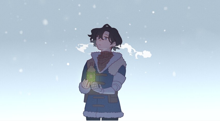 1boy black_hair blue_sky breath cold freckles gemini_(lies_of_p) hashtag-only_commentary highres kumashige lantern lies_of_p lies_of_p:_overture male_focus mechanical_arms outdoors pinocchio_(lies_of_p) prosthesis prosthetic_arm short_hair single_mechanical_arm sky snow solo standing winter