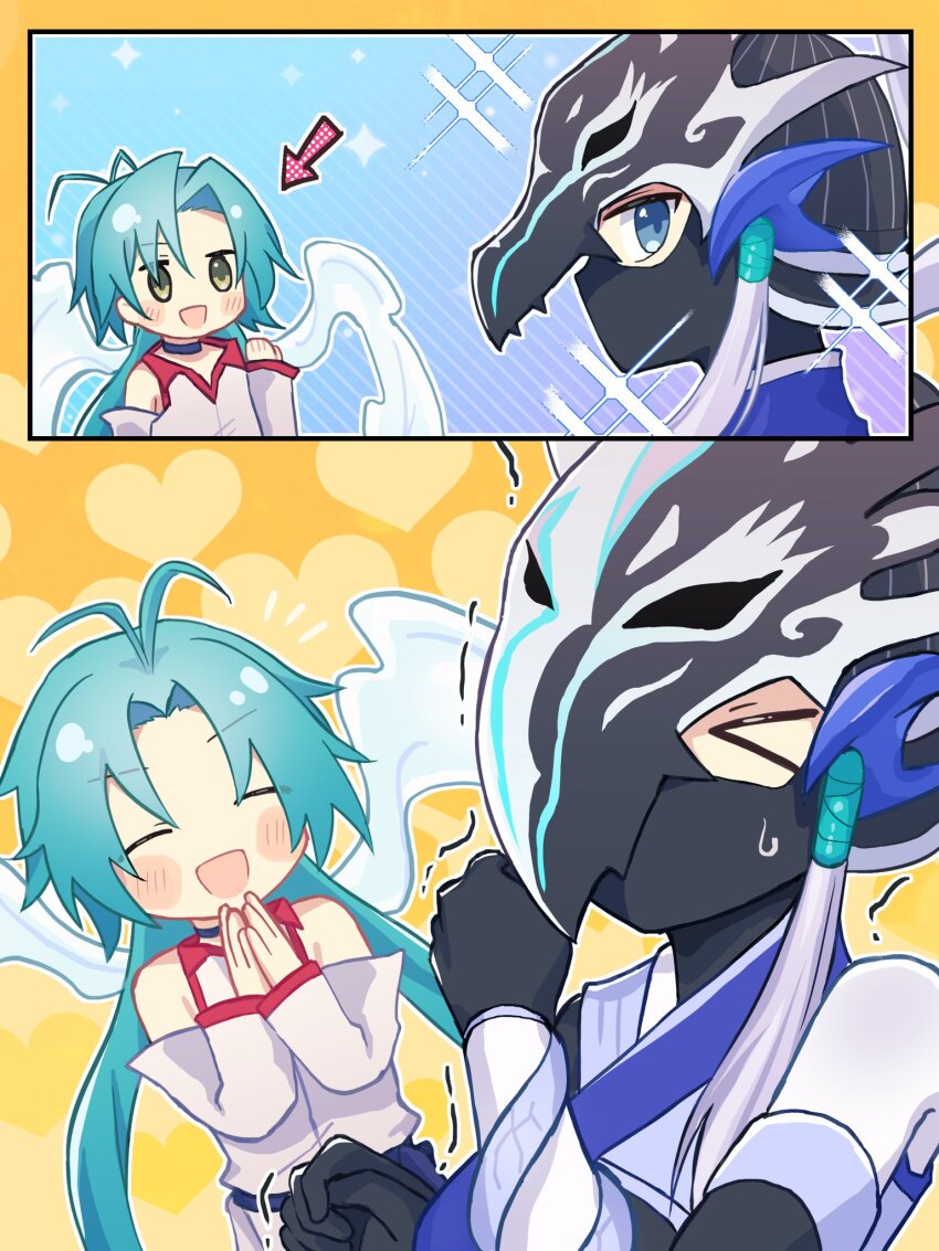 &gt;_&lt; 2girls angel_wings arrow_(symbol) artist_name artist_request black_bodysuit blue_eyes blue_hair blush bodysuit chibi choker commission covered_eyes dragon_mask effect_veiler helmet helmet_over_eyes highres long_hair mask mouth_mask multiple_girls skeb_commission sleeveless sweatdrop swordsoul_(yu-gi-oh!) swordsoul_of_mo_ye white_hair wings yu-gi-oh! |3
