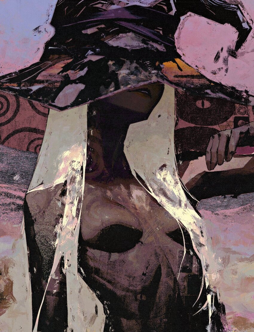 1girl black_skin breasts colored_skin dark-skinned_female dark_skin elden_ring elden_ring_nightreign hat hat_over_eyes highres hitboxsamurai large_hat long_hair nude open_mouth purple_hat recluse_(elden_ring) solo very_dark_skin white_hair witch witch_hat wooden_staff