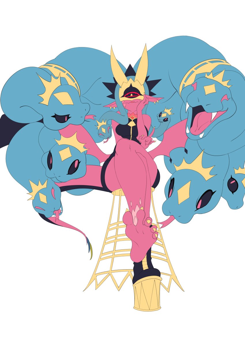 absurdres barefoot closed_eyes colored_skin crown digimon digimon_(creature) earrings feet happy highres horns jewelry looking_at_another mask medusamon papyruth7 red_eyes red_skin sharp_teeth simple_background snake_hair teeth tongue tongue_out white_background wings