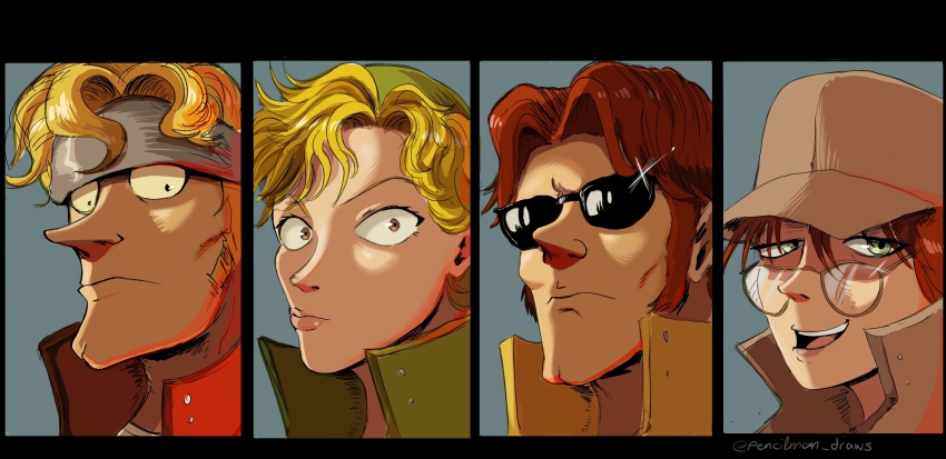 2boys 2girls baseball_cap blonde_hair cleft_chin commentary derivative_work fio_germi frown glasses green_eyes grey_headband hat headband highres kasamoto_eri marco_rossi metal_slug multiple_boys multiple_girls open_mouth pencilman_draws pink_lips red_hair sideburns smile sunglasses tarma_roving twitter_username