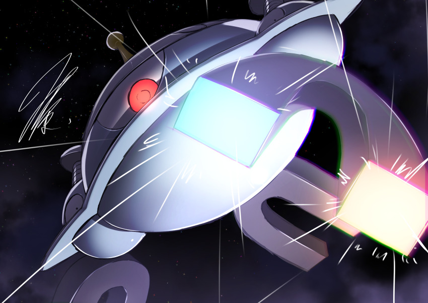 absurdres chromatic_aberration colored_skin creatures_(company) floating flying from_below game_freak gen_4_pokemon glowing glowing_eye glowing_eyes highres light_rays magnet magnetism magnezone metal_skin mitsukuma448 motion_lines night nintendo pokemon pokemon_(creature) red_eyes signature sky solo star_(sky) starry_sky white_skin