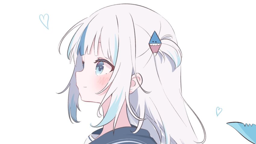 1girl blue_eyes blue_hair blunt_bangs cropped fins fish_tail from_side gawr_gura gawr_gura_(1st_costume) hair_ornament heart highres hololive hololive_english looking_at_viewer medium_hair multicolored_hair ryu160303 second-party_edit second-party_source shark_girl shark_hair_ornament shark_tail sharp_teeth smile solo streaked_hair tail teeth virtual_youtuber white_hair