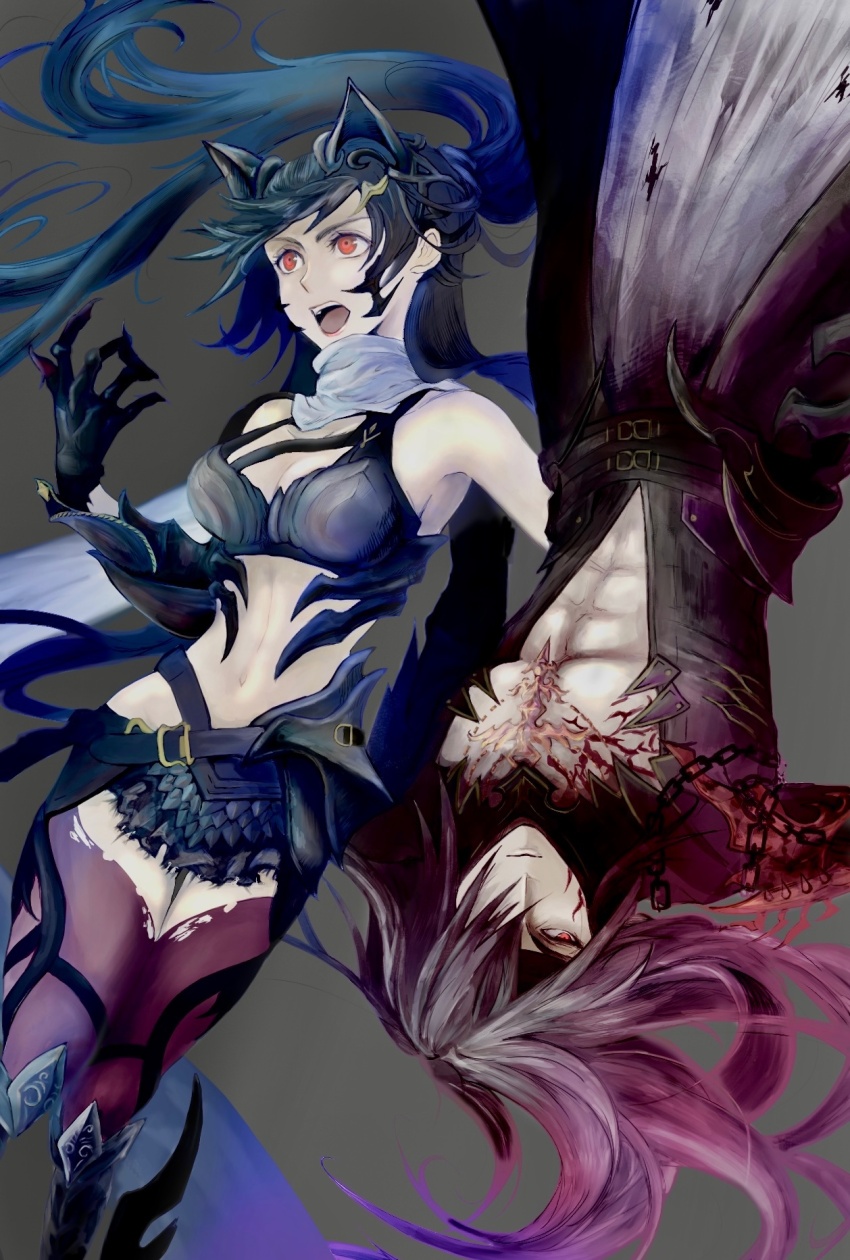 1boy 1girl abs animal_ears belt black_gloves black_hair claw_(weapon) closed_mouth commentary_request facial_mark feet_out_of_frame final_fantasy final_fantasy_vii final_fantasy_vii_ever_crisis floating_hair ggziseflsr47323 gloves grey_background grey_scarf high_ponytail highres long_hair midriff navel official_alternate_costume open_mouth pectorals ponytail purple_thighhighs red_eyes scarf thighhighs tifa_lockhart tifa_lockhart_(armor_of_the_worthy) torn_clothes torn_thighhighs upside-down vincent_valentine vincent_valentine_(coat_of_the_worthy) weapon wolf_ears