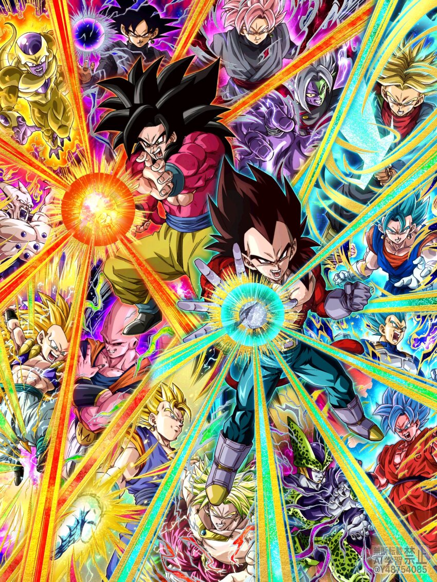 aura black_hair blue_eyes blue_sash boots broly_(dragon_ball_super) cell_(dragon_ball) dougi dragon_ball dragon_ball_gt dragon_ball_super dragon_ball_z_dokkan_battle earrings frieza fused_zamasu gloves gogeta goku_black gotenks highres jewelry kamehameha_(dragon_ball) long_hair looking_at_viewer majin_buu male_focus metamoran_vest monkey_boy monkey_tail multiple_boys muscular muscular_male omega_shenron pants potara_earrings sash shirt son_goku spiked_hair super_saiyan super_saiyan_3 super_saiyan_4 super_saiyan_blue tail topless_male trunks_(dragon_ball) trunks_(future)_(dragon_ball) vegeta vegetto wai_(y48754085) white_gloves zamasu