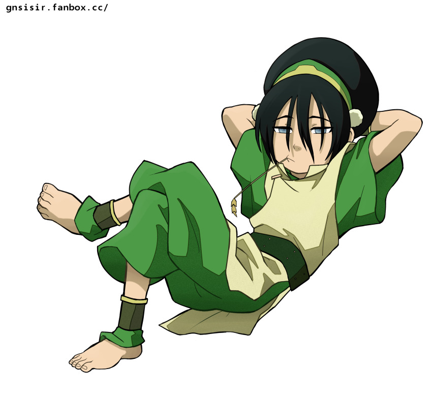 1girl absurdres arms_behind_head avatar:_the_last_airbender avatar_legends barefoot black_hair blue_eyes commentary full_body gnsisir green_pants highres lying mouth_hold on_back pants sitting solo stalk_in_mouth toes toph_beifong transparent_background wheat