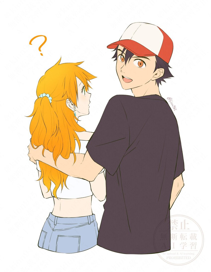 1boy 1girl ? aged_up ash_ketchum baseball_cap black_hair black_shirt blush brown_eyes brown_hair crop_top denim earrings hat highres jewelry long_hair misty_(pokemon) nintendo open_mouth orange_hair pants pokemon pokemon_(anime) ponytail shirt short_hair short_sleeves shorts simple_background smile t-shirt white_background