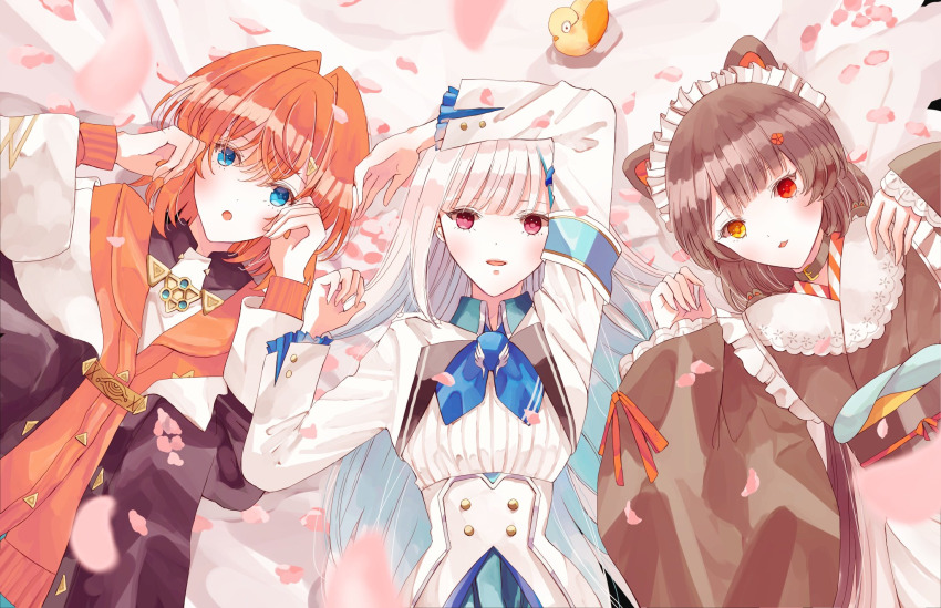 3girls :3 :o ange_katrina ange_katrina_(1st_costume) animal_ears arm_above_head armband bird blue_armband blue_eyes blue_hair blue_neckerchief blurry blurry_foreground blush breasts brown_collar brown_hair brown_kimono brown_sash buttons cardigan coat collar colored_inner_hair commentary_request dog_ears dot_nose double-breasted eyelashes falling_petals flower frills from_above hair_between_eyes hair_flower hair_intakes hair_ornament hands_up heidi6820 heterochromia high-waist_skirt highres inui_toko inui_toko_(1st_costume) japanese_clothes kimono lize_helesta lize_helesta_(1st_costume) long_hair long_sleeves looking_at_viewer looking_up lying maid_headdress medium_hair monocle multicolored_hair multiple_girls neckerchief nijisanji obi obiage obijime off_shoulder on_back open_mouth orange_cardigan orange_hair parted_lips petals pink_petals purple_coat purple_eyes red_eyes ribbed_shirt sanbaka_(nijisanji) sash sebastian_piyodore shirt shirt_tucked_in shrug_(clothing) side-by-side skirt small_breasts smile streaked_hair triangle_hair_ornament two-tone_hair very_long_hair virtual_youtuber white_hair white_headdress white_shirt white_shrug white_skirt yellow_bird yellow_eyes