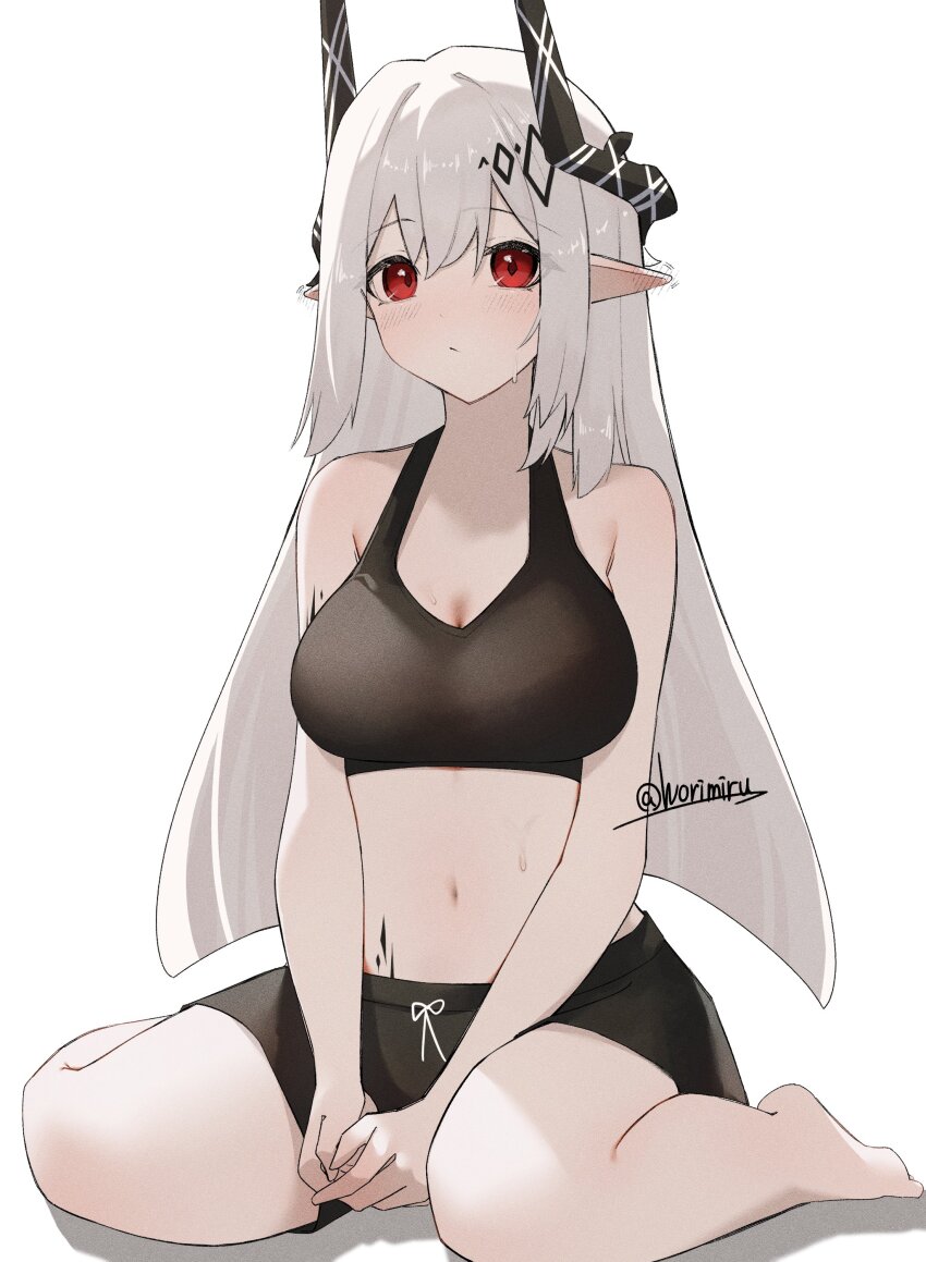 1girl absurdres arknights bare_arms bare_shoulders barefoot between_legs black_horns black_shorts black_sports_bra blush breasts cleavage closed_mouth commentary commission crop_top ear_blush full_body grey_hair hand_between_legs highres horns large_breasts long_hair material_growth midriff mudrock_(arknights) navel oripathy_lesion_(arknights) own_hands_together pointy_ears red_eyes shorts simple_background sitting sleeveless solo sports_bra twitter_username wariza white_background worimehl