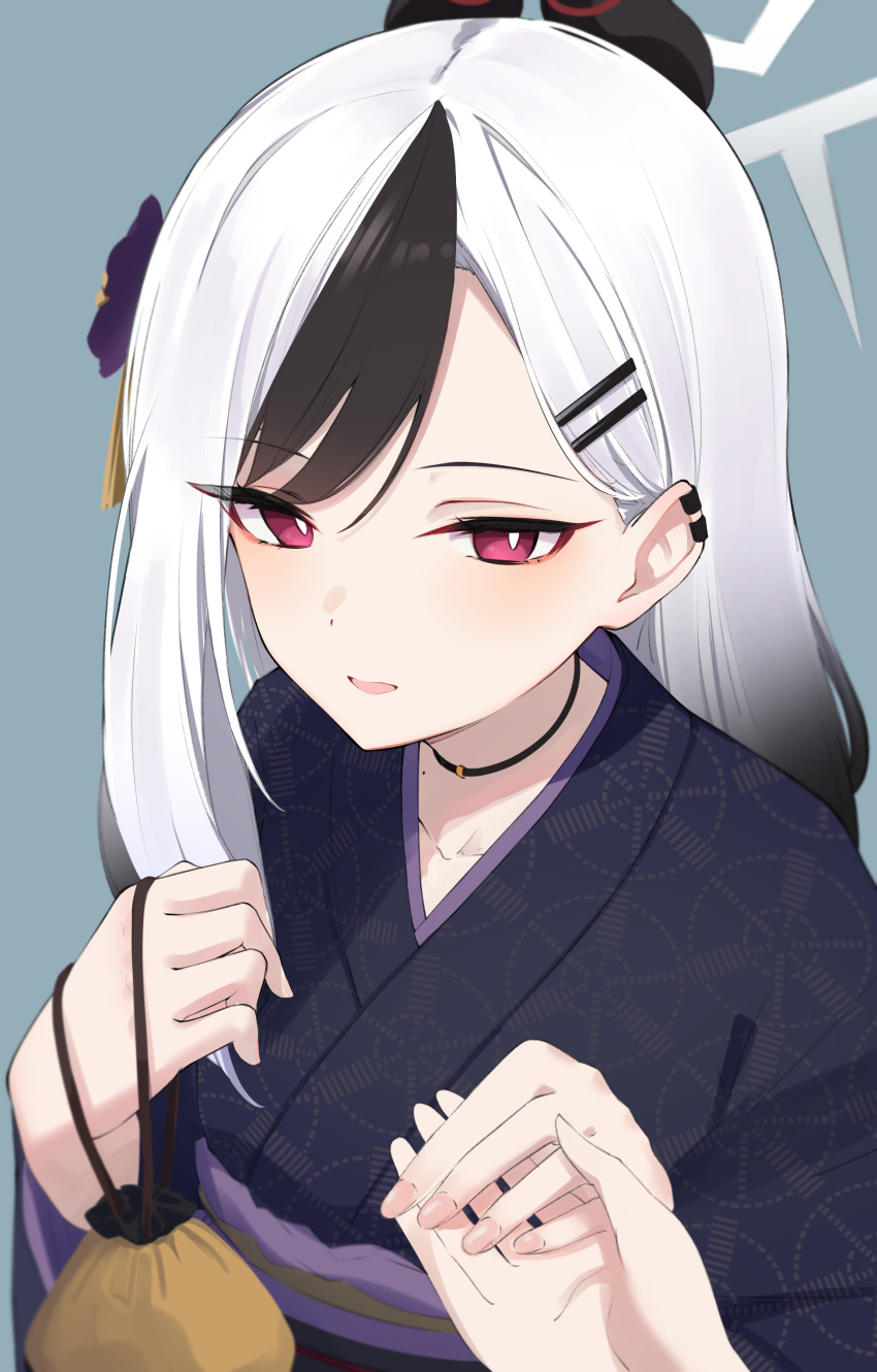 1girl 1other absurdres black_hair black_kimono blue_archive bright_pupils commentary_request demon_girl demon_horns ear_piercing exiadoon grey_background hair_between_eyes highres holding_hands horns japanese_clothes kayoko_(blue_archive) kayoko_(new_year)_(blue_archive) kimono long_hair looking_at_viewer multicolored_hair official_alternate_costume official_alternate_hairstyle open_mouth piercing pov pov_hands red_eyes simple_background smile streaked_hair white_hair white_pupils