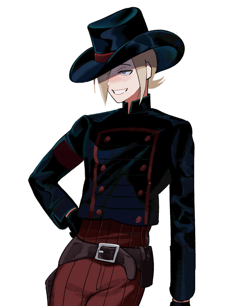 1boy alternate_costume ash_crimson belt belt_buckle black_gloves black_hat blonde_hair blue_eyes brown_belt buckle buttons collared_shirt cowboy_hat double-breasted freckles gloves grin hair_over_one_eye hand_on_own_hip hat hexermer high_collar highres long_sleeves male_focus one_eye_covered pants partially_shaded_face pouch red_pants shirt shirt_tucked_in simple_background smile solo teeth the_king_of_fighters the_king_of_fighters_xiii white_background