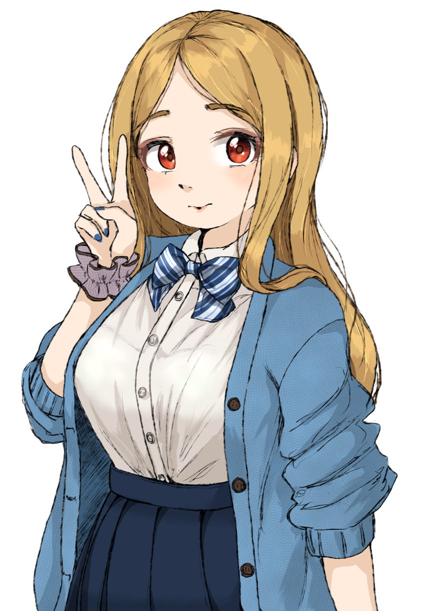 1girl blonde_hair blush breasts cardigan commentary gatsby_ssl highres idolmaster idolmaster_cinderella_girls large_breasts looking_at_viewer mochizuki_hijiri open_cardigan open_clothes parted_bangs red_eyes scrunchie shirt_tucked_in simple_background skirt smile solo tented_shirt v white_background wrist_scrunchie