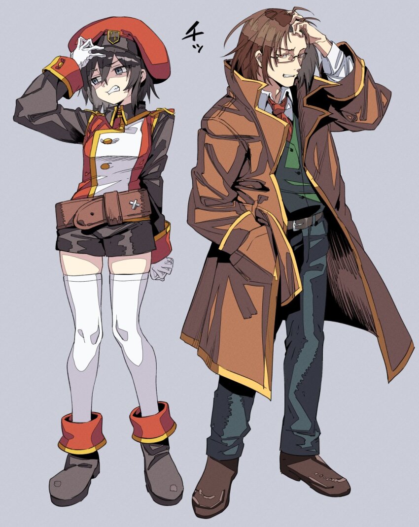 1boy 1girl belt beret black_eyes black_footwear black_hair black_pants black_shorts brown_coat brown_footwear buttons clenched_teeth coat collared_shirt full_body glasses gloves green_vest grey_background hand_in_pocket hand_on_own_head hat highres ispin_charles long_sleeves looking_at_viewer looking_to_the_side manarou maximin_liebkne military_uniform necktie overcoat oversized_belt pants red_hat red_necktie shaded_face shirt short_hair shorts simple_background sleeve_cuffs tales_weaver teeth thighhighs vest white_gloves white_shirt