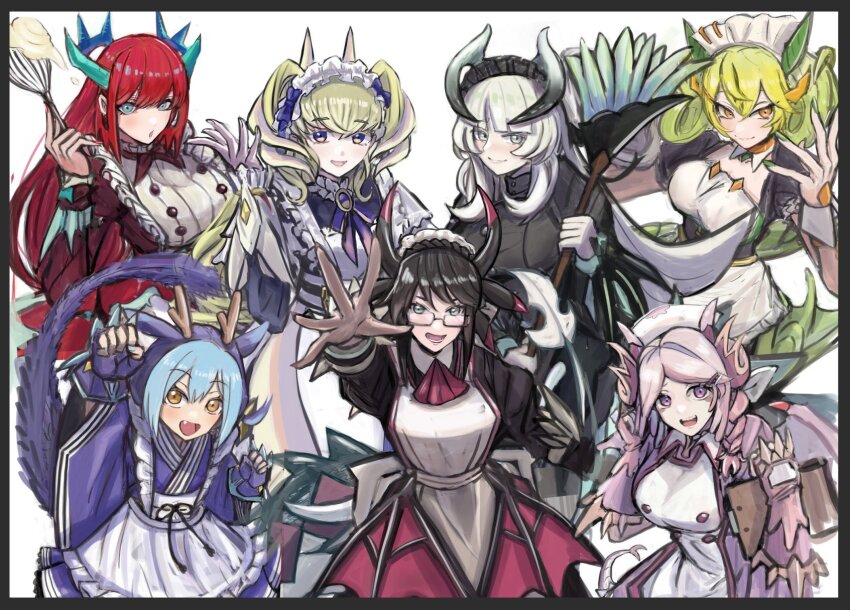 6+girls apron black_hair blue_hair blush breasts chamber_dragonmaid commentary_request detached_collar dragon_girl dragon_horns dragon_tail dress duel_monster eastern_dragon_horns green_hair grey_hair group_picture hair_between_eyes hat highres horns house_dragonmaid japanese_clothes kimono kitchen_dragonmaid lace-trimmed_apron lace_trim lady&#039;s_dragonmaid large_breasts laundry_dragonmaid long_hair long_sleeves looking_at_viewer maid maid_apron maid_day maid_headdress mixed_maids multiple_girls nurse_cap nurse_dragonmaid open_mouth parlor_dragonmaid pink_eyes pink_hair red_hair shiina_aono sidelocks smile tail twintails wa_maid yellow_eyes yu-gi-oh!