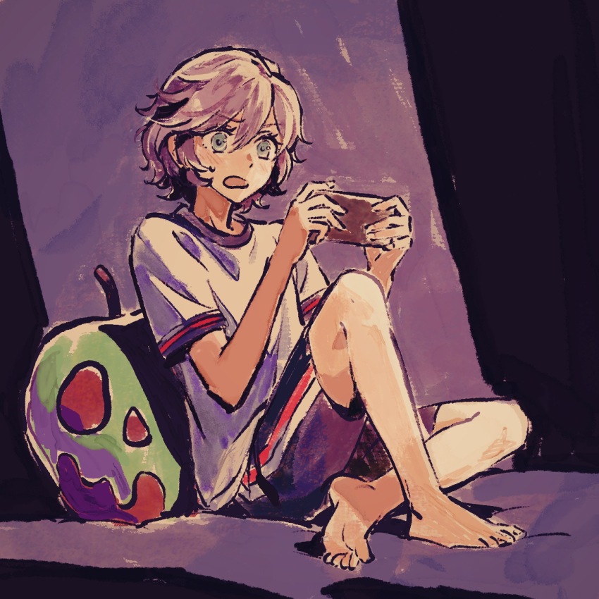 blue_eyes cellphone commentary_request epel_felmier funuyu highres holding holding_phone knee_up phone poison_apple purple_background purple_hair shirt short_hair shorts sitting smartphone twisted_wonderland