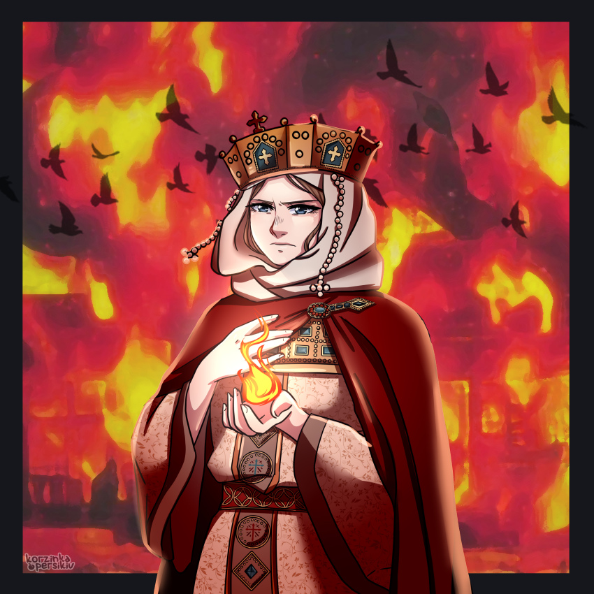 1girl absurdres bird blue_eyes brooch burning cape cross crown destruction dress embroidery fiery_background fire gold_embroidery highres hood jewelry kievan_rus korzynka_persykiv kyivan_rus layered_clothes long_sleeves medieval olga_of_kyiv original ornate pearl_drapes pyrokinesis queen red_cape robe royal_robe serious ukraine veil white_veil