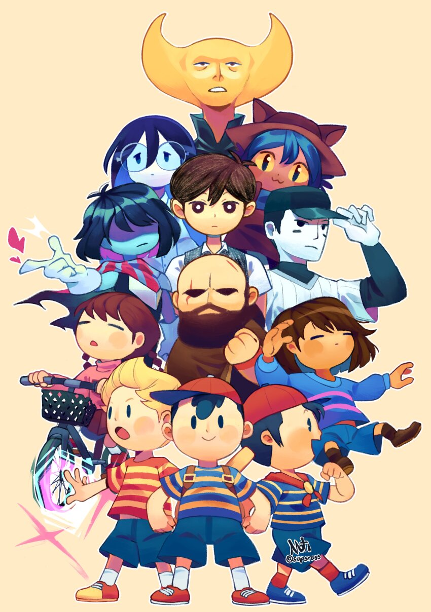 2girls 3others 6+boys :3 =_= absurdres androgynous animal_ears animal_hat armor bald baseball_bat baseball_cap baseball_uniform beard bicycle black_eyes black_hair black_vest blonde_hair blue_footwear blue_hair blue_scarf blue_shorts blue_skin brad_armstrong braid brown_hair cat_ears cat_hat closed_eyes closed_mouth collared_shirt colored_inner_hair colored_sclera colored_skin crossover deltarune escaped_chasm facial_hair frisk_(undertale) glasses gloves hair_over_eyes hat highres holding hylics kris_(dark_world)_(deltarune) kris_(deltarune) lisa_(series) lisa_the_painful lonely_girl_(escaped_chasm) long_beard long_hair long_sleeves looking_at_viewer lucas_(mother_3) madotsuki mother_(series) mother_1 mother_2 mother_3 multicolored_hair multiple_boys multiple_girls multiple_others ness_(mother_2) niko_(oneshot) ninten nintendo off_(game) omori oneshot_(game) open_mouth pink_sweater quiff red_footwear riding riding_bicycle round_eyewear scar scar_across_eye scar_on_face scarf shirt short_hair short_sleeves shorts simple_background slit_pupils smile sportswear striped_clothes striped_scarf striped_shirt striped_sweater sunny_(omori) supsross sweater sweater_vest the_batter_(off) trait_connection twin_braids twintails undertale vertical-striped_clothes vertical-striped_scarf vertical-striped_shirt vest wayne_(hylics) white_shirt white_skin yellow_background yellow_eyes yellow_sclera yellow_skin yume_nikki