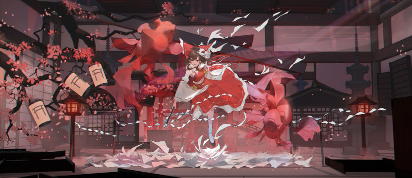 1girl absurdres ankle_socks architecture art_study ascot bare_shoulders black_footwear bow branch bridge brown_hair cherry_blossoms chromatic_aberration collared_shirt commentary_request crop_top danzir detached_sleeves east_asian_architecture falling_paper falling_petals flats floating floating_hair fox_mask frilled_bow frilled_hair_tubes frilled_shirt_collar frilled_skirt frills gohei hair_between_eyes hair_bow hair_tubes hakurei_reimu highres holding holding_gohei indoors koi kuji-in lantern leg_up long_hair long_sidelocks mask mask_on_head medium_skirt messy_hair midriff night open_mouth paper paper_lantern petals red_bow red_eyes red_shirt red_skirt red_theme ribbon-trimmed_bow ribbon-trimmed_collar ribbon-trimmed_skirt ribbon-trimmed_sleeves ribbon_trim rose_petals sailor_collar scenery shide shirt shouji sidelocks skirt sleeveless sleeveless_shirt sliding_doors socks solo spirit tatami touhou white_sailor_collar white_socks white_trim wide_sleeves wooden_bridge wooden_lantern yellow_ascot yellow_bow