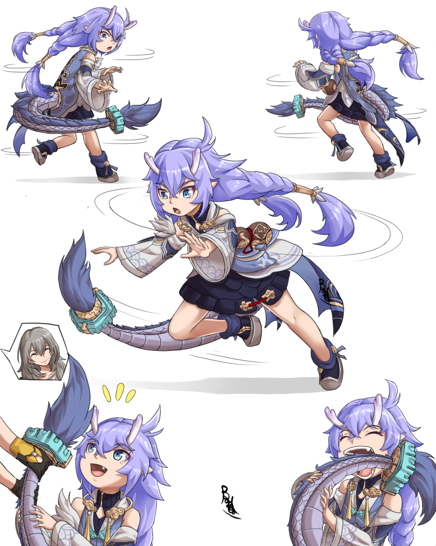 absurdres ahoge bailu_(honkai:_star_rail) black_boots black_gloves blush boots braid buhbuhbored chasing_own_tail chinese_clothes closed_eyes commentary detached_sleeves dragon_girl dragon_horns dragon_tail eastern_dragon_horns english_commentary gloves gourd grey_hair hair_between_eyes highres honkai:_star_rail honkai_(series) horns long_hair open_mouth purple_hair simple_background smile speech_bubble stelle_(honkai:_star_rail) tail trailblazer_(honkai:_star_rail) twin_braids white_background