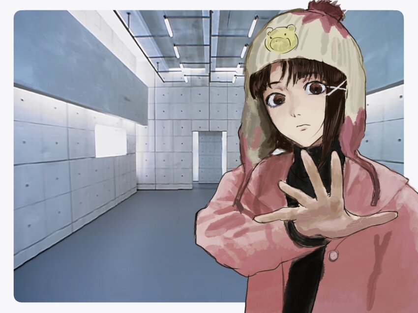 1girl asymmetrical_hair bingi brown_eyes brown_hair closed_mouth coat expressionless hair_ornament hairclip hat highres indoors iwakura_lain jamiroquai long_sleeves looking_at_viewer meme photo-referenced pink_coat reaching reaching_towards_viewer serial_experiments_lain short_hair single_sidelock solo sweater turtleneck turtleneck_sweater upper_body virtual_insanity_(song) x_hair_ornament