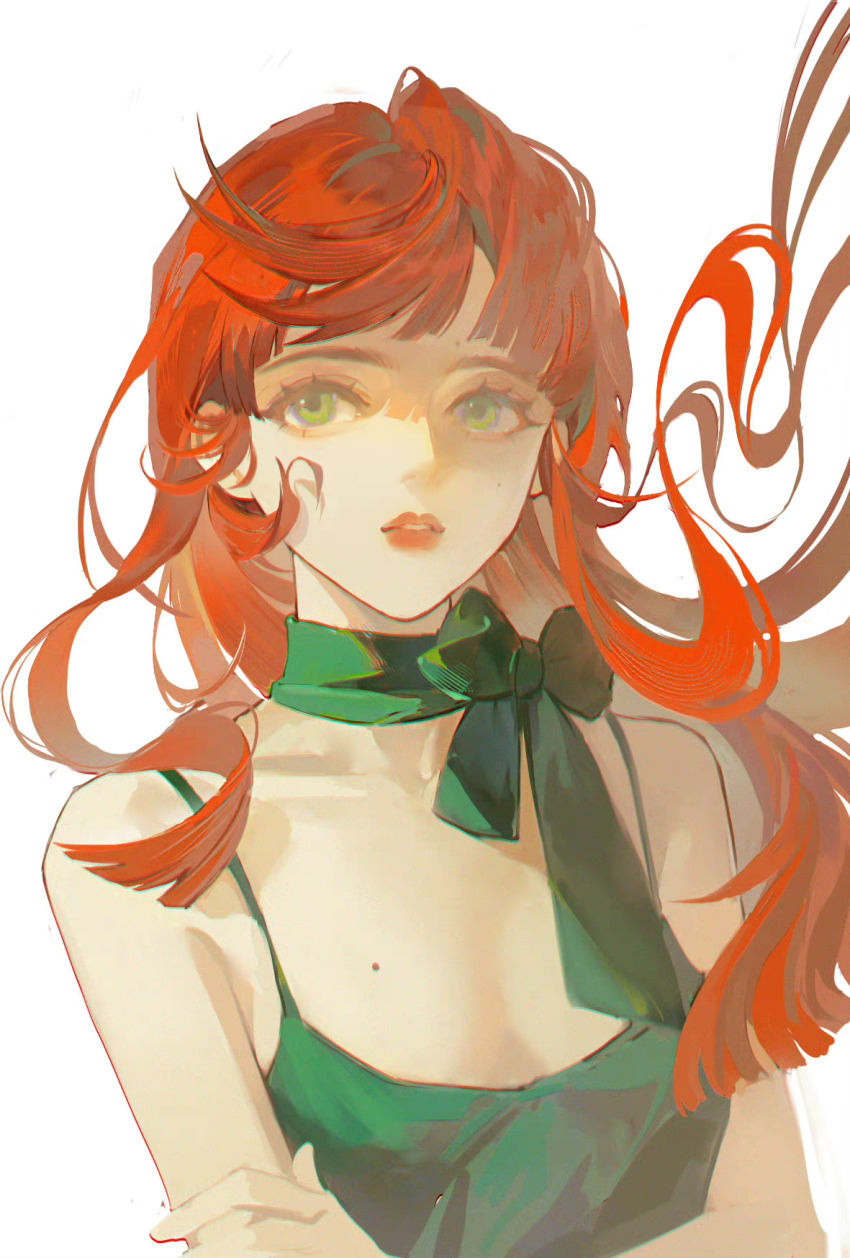1girl bare_arms bare_shoulders blunt_bangs blunt_ends bow bow_choker bowtie breasts character_request chinese_commentary choker cleavage collarbone commentary_request copyright_request crossed_arms expressionless eyelashes floating_hair green_bow green_bowtie green_choker green_eyes green_tank_top guaisanmu highres lipstick long_hair looking_at_viewer makeup mole mole_on_breast parted_lips red_hair red_lips sidelocks simple_background small_breasts solo spaghetti_strap swept_bangs tank_top thick_eyebrows upper_body very_long_hair white_background