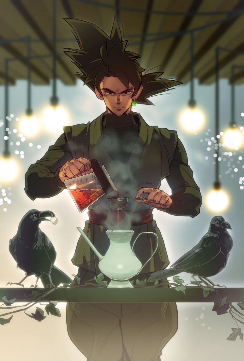 1boy bird black_bodysuit black_eyes black_hair black_pants bodysuit crow dougi dragon_ball dragon_ball_super earrings expressionless goku_black highres jewelry jpeg_artifacts long_sleeves looking_down pants potara_earrings red_sash reuploaded saiyan sash solo spiked_hair supobi tea