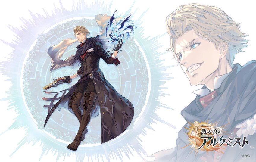 1boy belt black_gloves black_scarf blonde_hair boots brown_boots commentary_request copyright_name edgar_(ta_ga_tame_no_alchemist) floating_cape floating_scarf full_body gloves gun hair_behind_ear holding holding_gun holding_weapon looking_to_the_side male_focus official_alternate_costume official_art rinzo scarf second-party_source shirt solo standing ta_ga_tame_no_alchemist teeth two-sided_scarf weapon white_scarf white_shirt zoom_layer