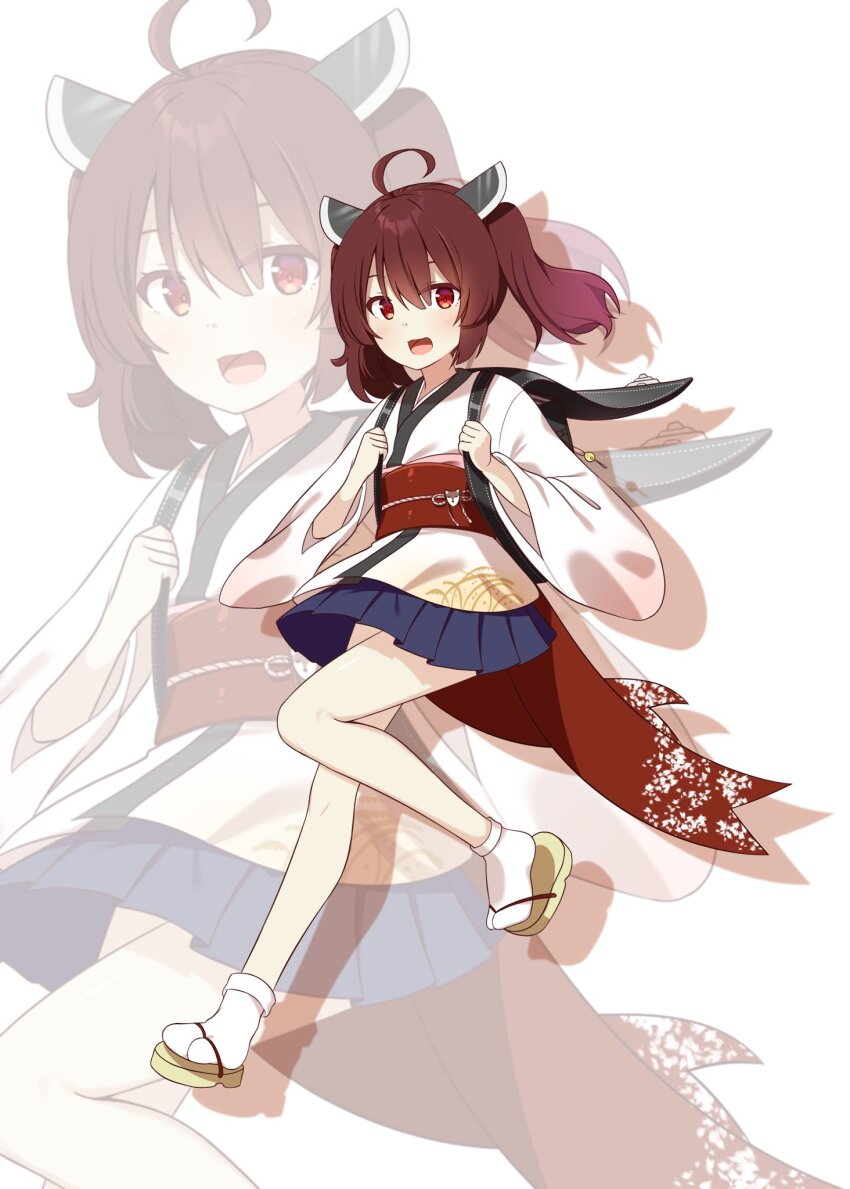 1girl :d ahoge ankle_socks backpack bag black_bag blue_skirt brown_hair chaakusu commentary_request crime_prevention_buzzer drop_shadow full_body gradient_clothes gradient_kimono hair_between_eyes headgear highres japanese_clothes kimono light_blush looking_at_viewer medium_hair miniskirt obi obiage obidome obijime open_mouth pleated_skirt print_kimono randoseru red_eyes red_sash sandals sash skirt smile socks solo standing standing_on_one_leg tabi touhoku_kiritan twintails voiceroid white_background white_kimono white_socks wide_sleeves yellow_sandals zoom_layer zouri
