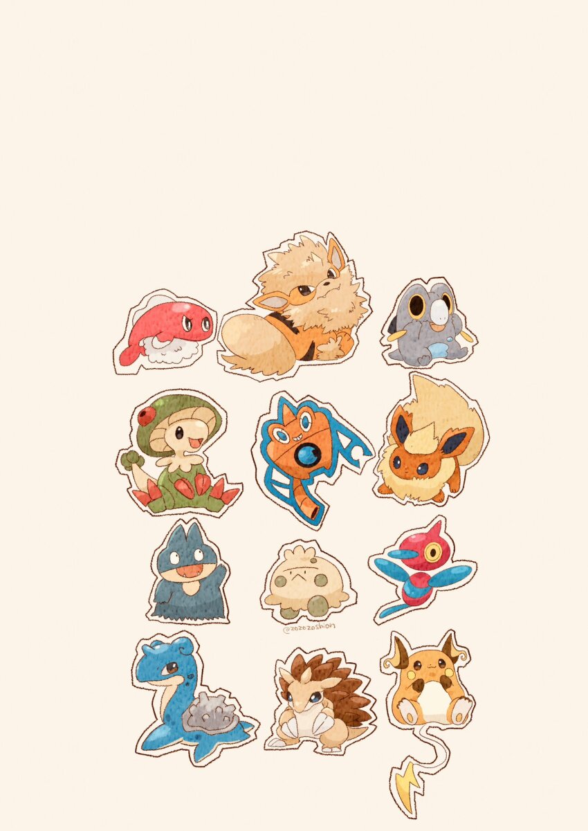 :3 :d arcanine artist_name black_eyes breloom brown_eyes claws closed_mouth commentary_request dog fangs fish flareon frigibax gen_1_pokemon gen_3_pokemon gen_4_pokemon highres horns lapras munchlax nintendo no_humans open_mouth orange_fur pokemon pokemon_(creature) porygon-z raichu rotom rotom_(wash) sandslash shell shroomish simple_background single_horn sitting smile solid_oval_eyes tail tatsugiri tatsugiri_(droopy) twitter_username waving white_background zozozoshion