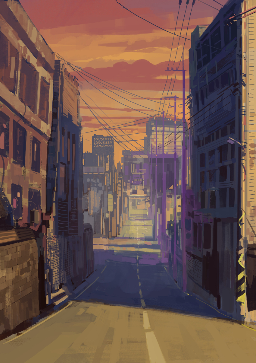 dusk highres no_humans orange_sky original painting_(medium) power_lines road shadow sky slow_d street sunlight sunset traditional_media utility_pole window